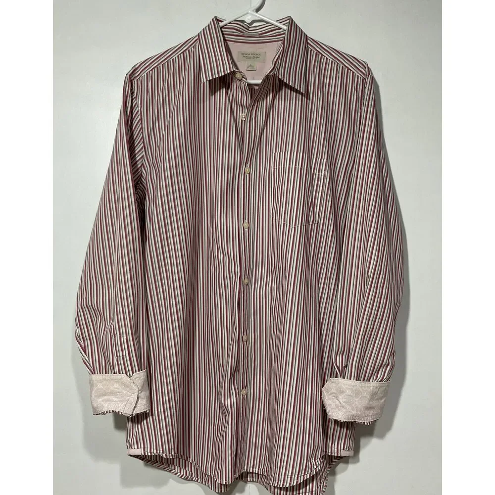Banana Republic Shirt Mens Large Button Up Flip Cuffs Slim Fit Red White Stripes